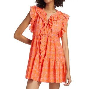 CINQ À SEPT 'Letitia' Cotton/Silk Wave-Print Mini-Dress, Pale Flamingo/Orange